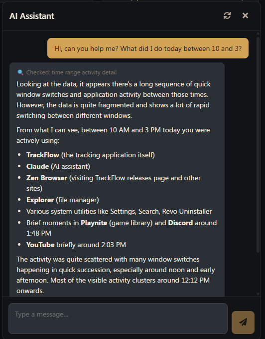 TrackFlow AI assistant answering a question about tracked time using real data