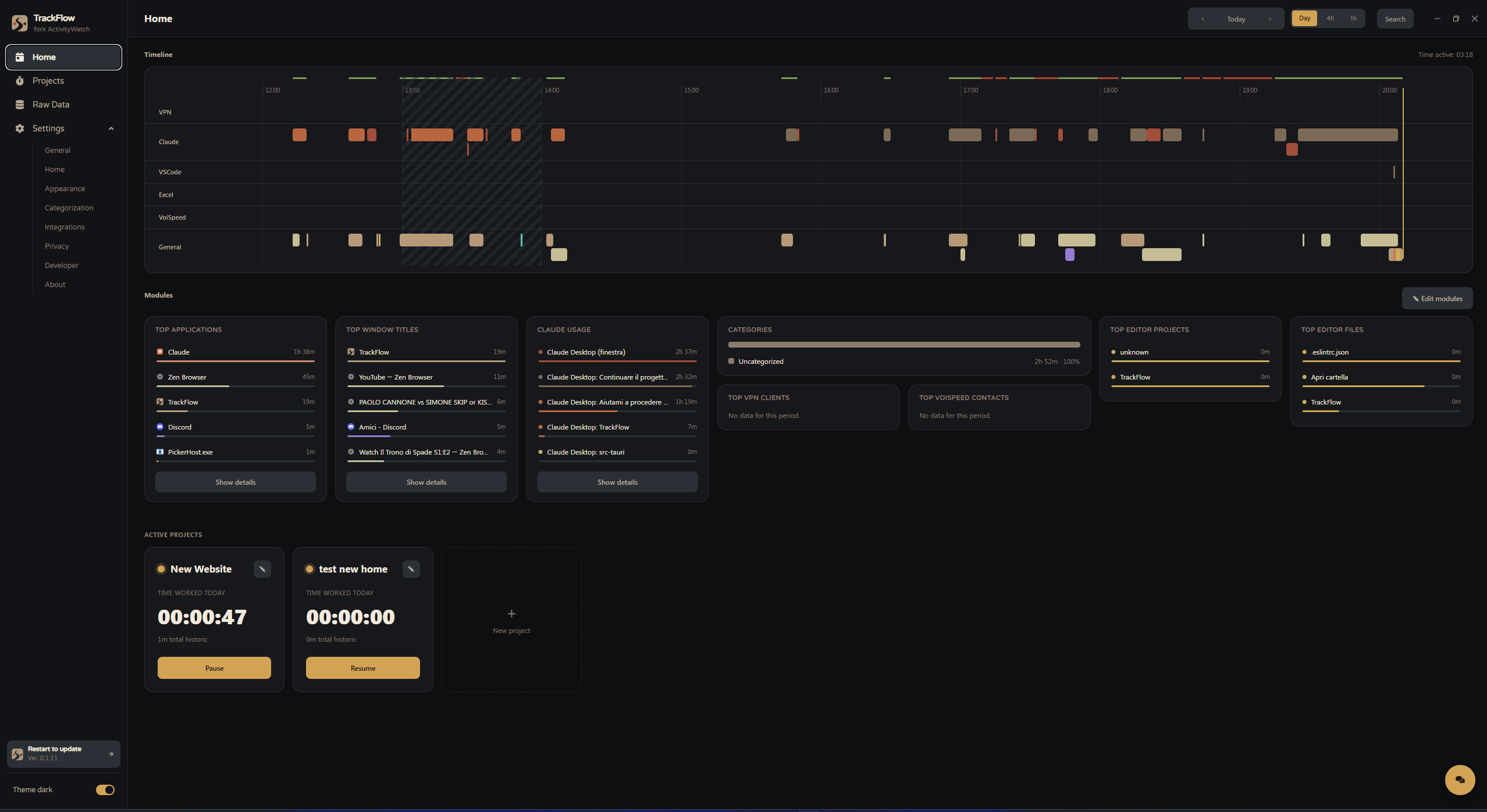 TrackFlow home screen showing tracked project time