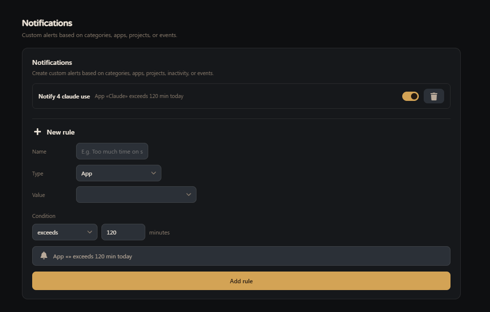 TrackFlow custom notification rule: alert when an app exceeds a time threshold