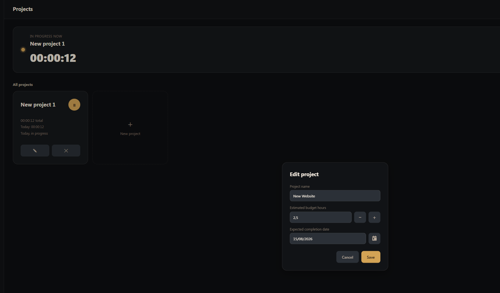 TrackFlow Projects page with budget hours and totals